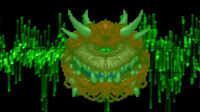 Ein Bild zeigt einen Doom-Dämon in einer Schallwelle. 